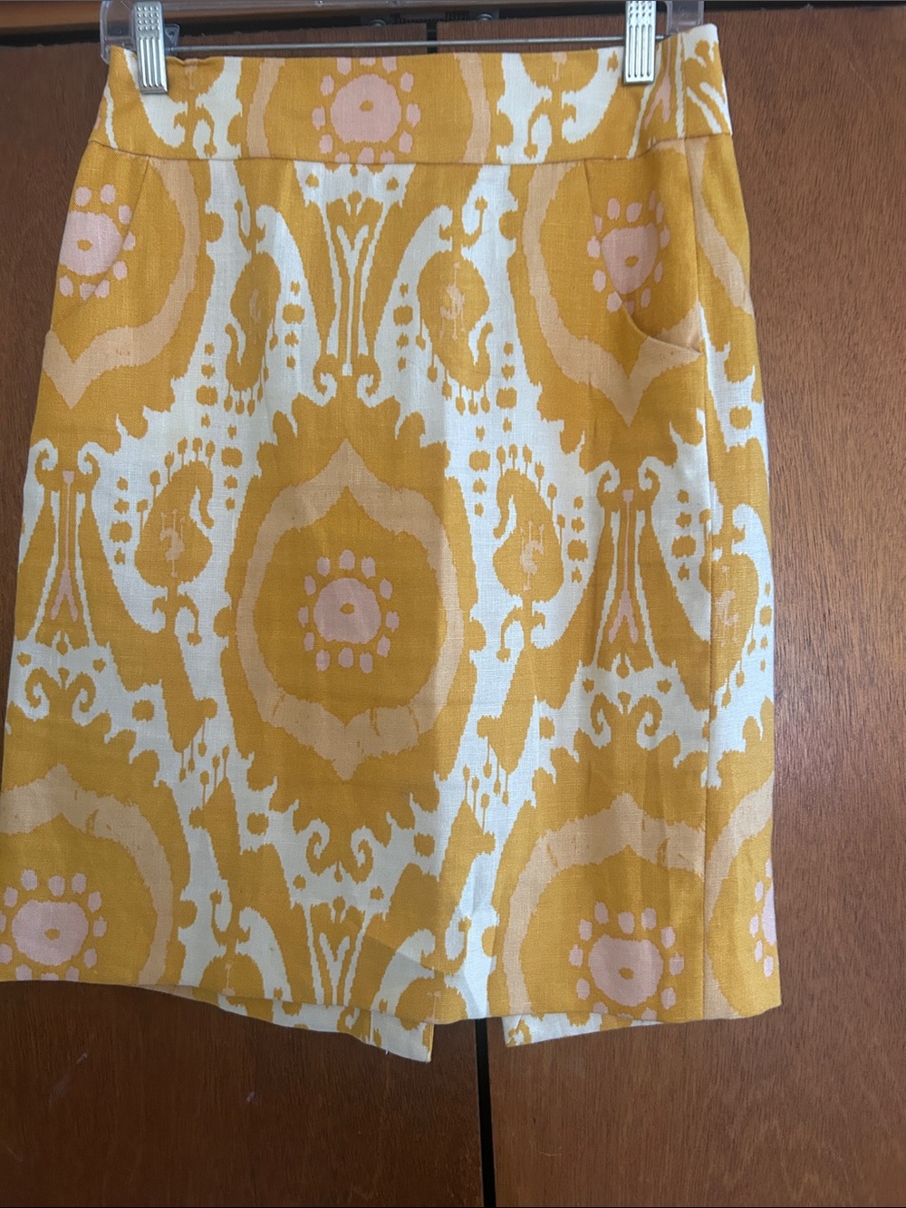 J. Crew Yellow and Cream Ikat Pencil Skirt with Pink Accents